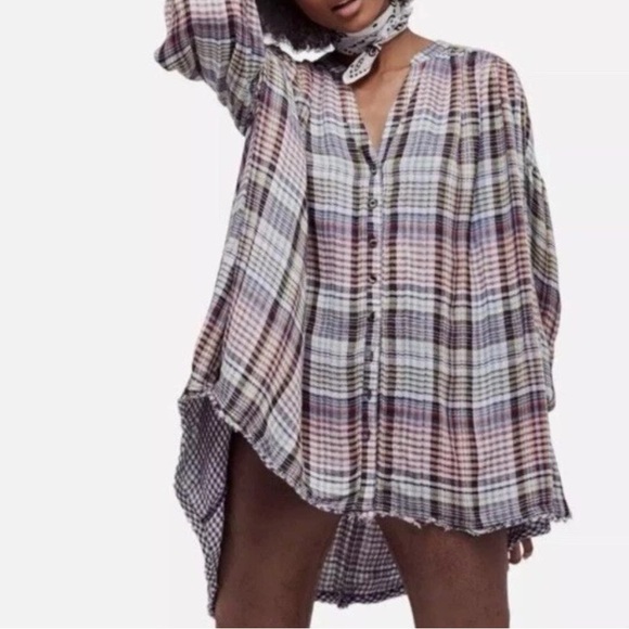 Free People “Come On‎ Over” Oversized Plaid Shirt Size XS - Picture 4 of 10